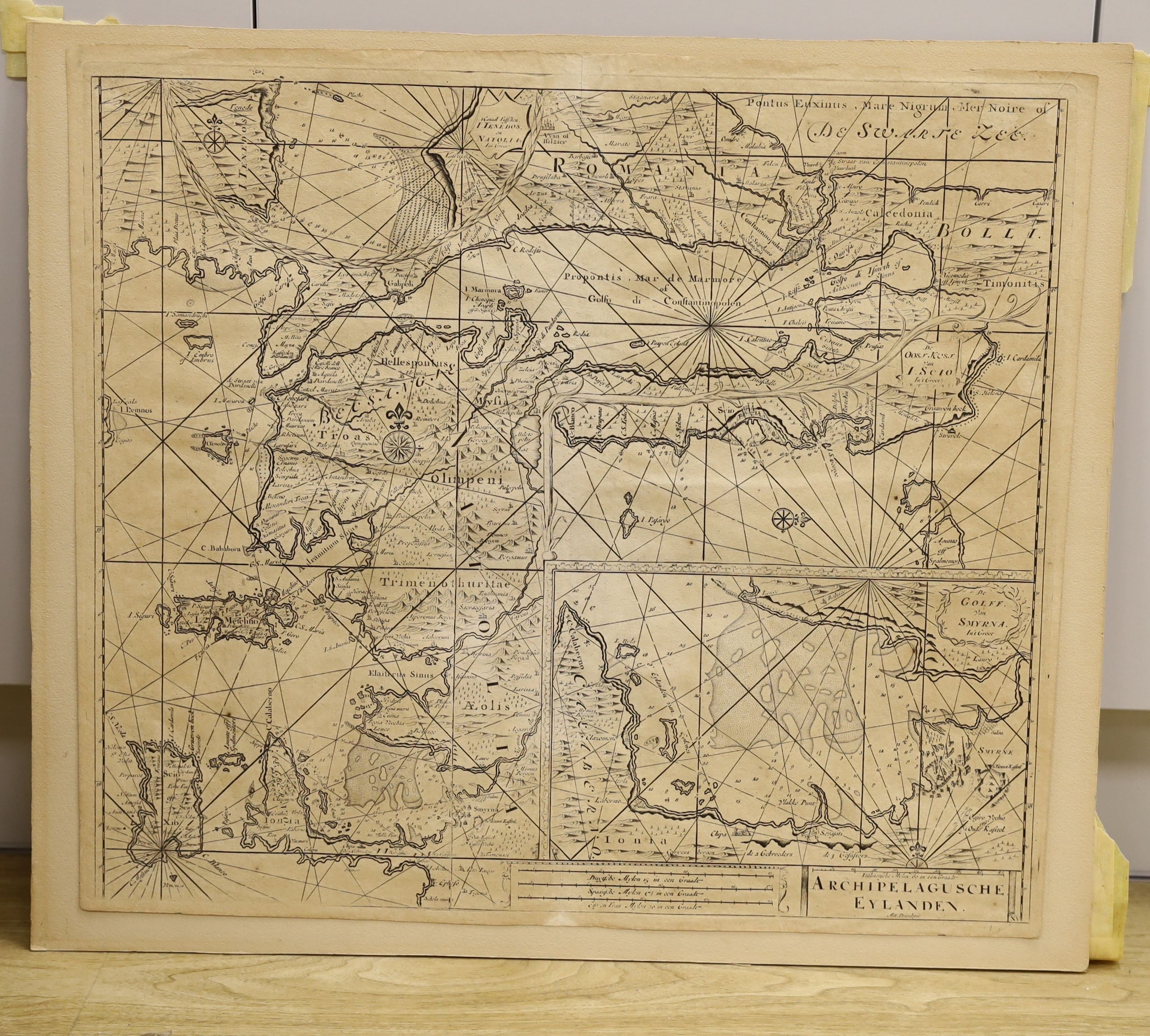 An 18th century Dutch engraving, Map of Archipelagusche Eylanden, 52 x 60cm, unframed